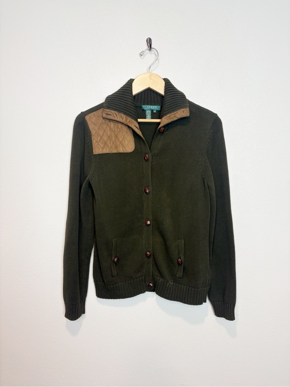 Ralph Lauren Olive Green Cardigan with Tan Elbow Patches Medium Equestrian